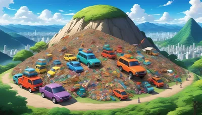 Colorful Cars Parked On A Trash Covered Hill