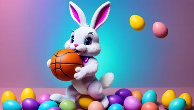 Easter Bunny Holding A Basketball Surrounded By Colorful Eggs