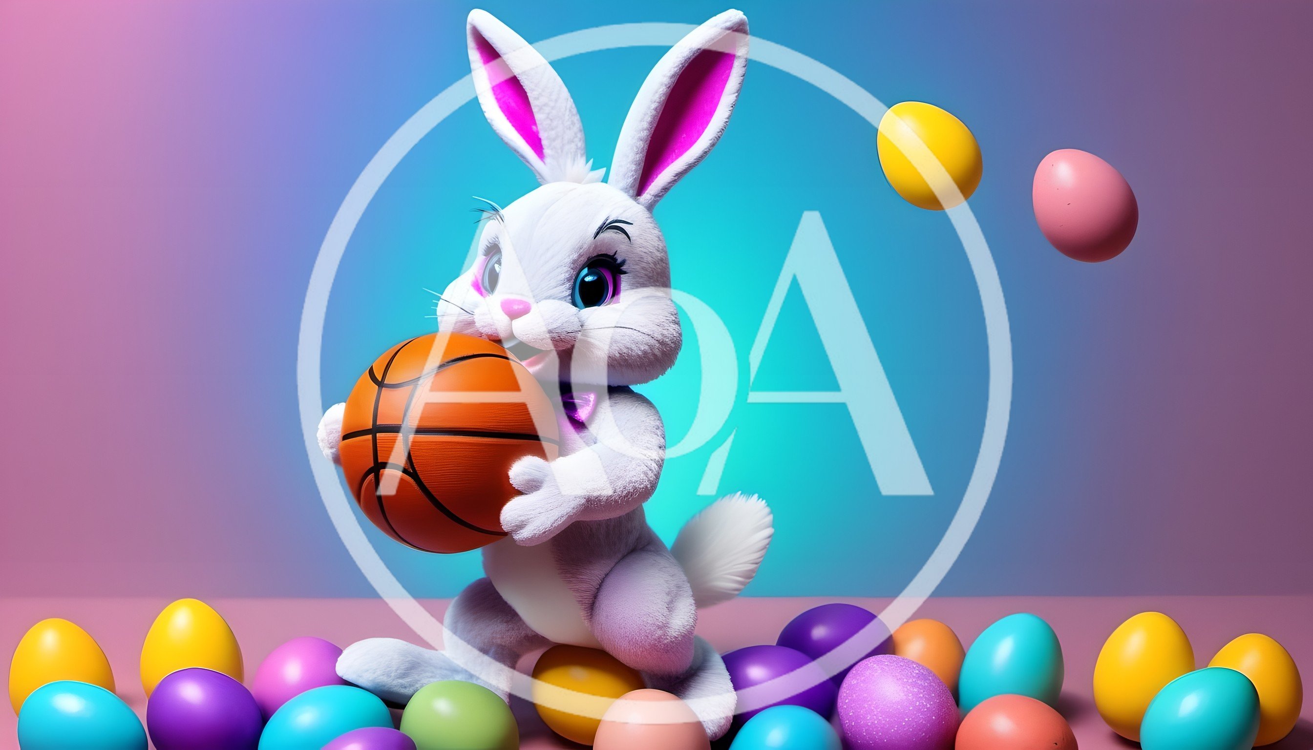 Easter Bunny Holding A Basketball Surrounded By Colorful Eggs