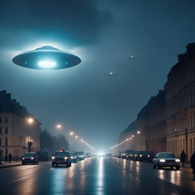 UFOs Hovering Over A Dark City Street At Night