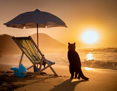 Black Cat Watching Sunset On A Sandy Beach
