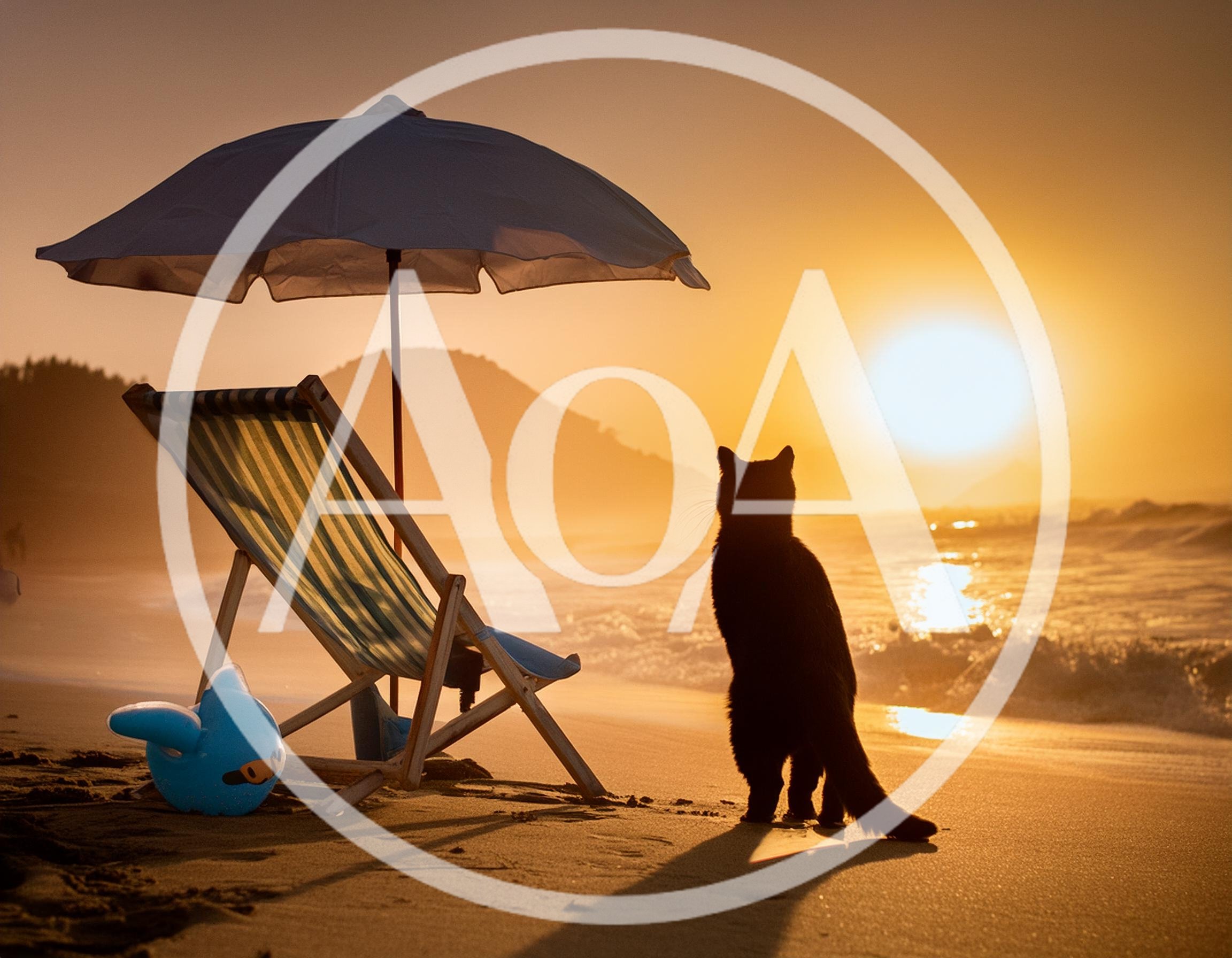 Black Cat Watching Sunset On A Sandy Beach