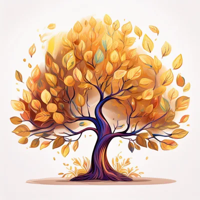 Stylized Autumn Tree With Golden Falling Leaves