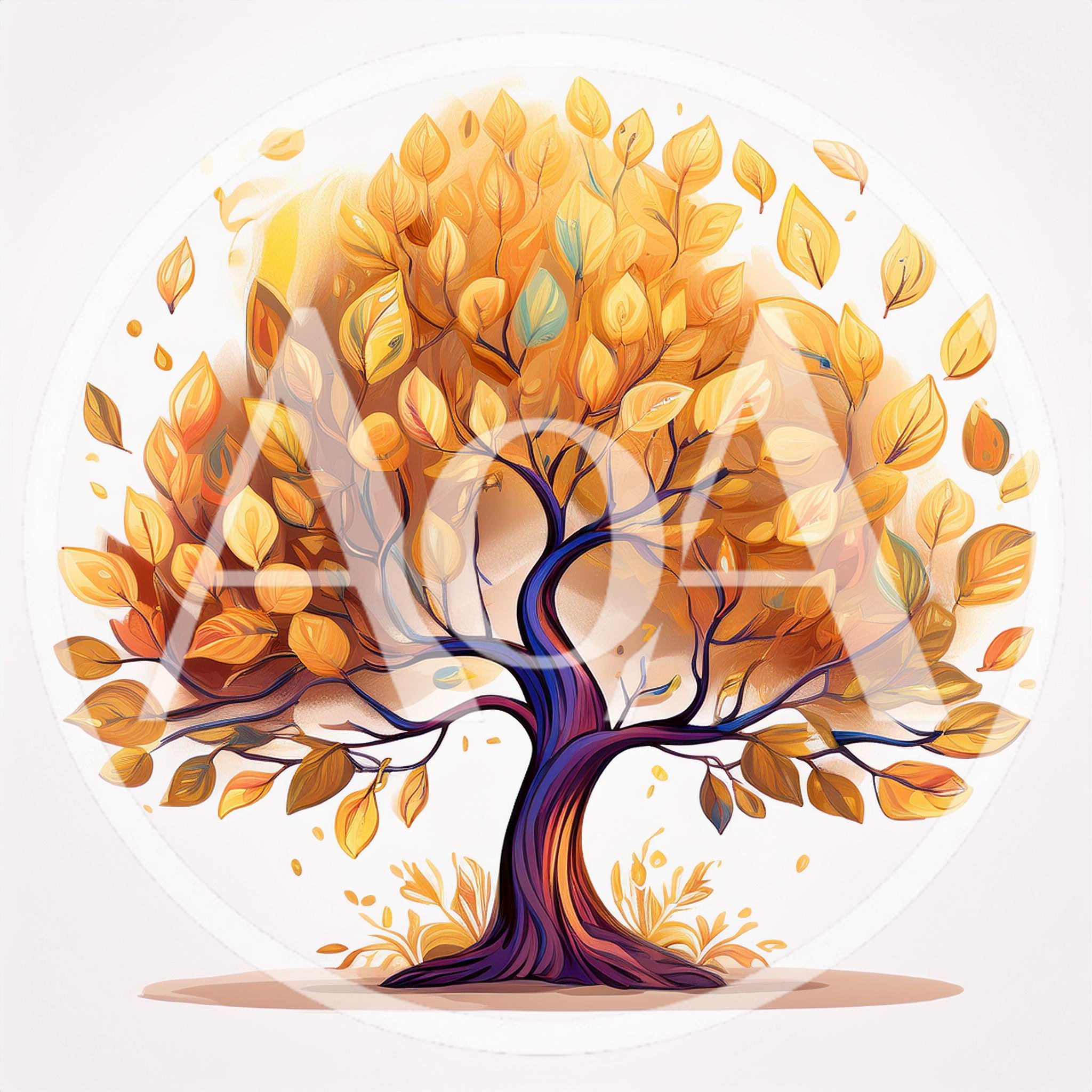 Stylized Autumn Tree With Golden Falling Leaves