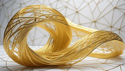 Abstract Golden Wire Sculpture on Geometric Background