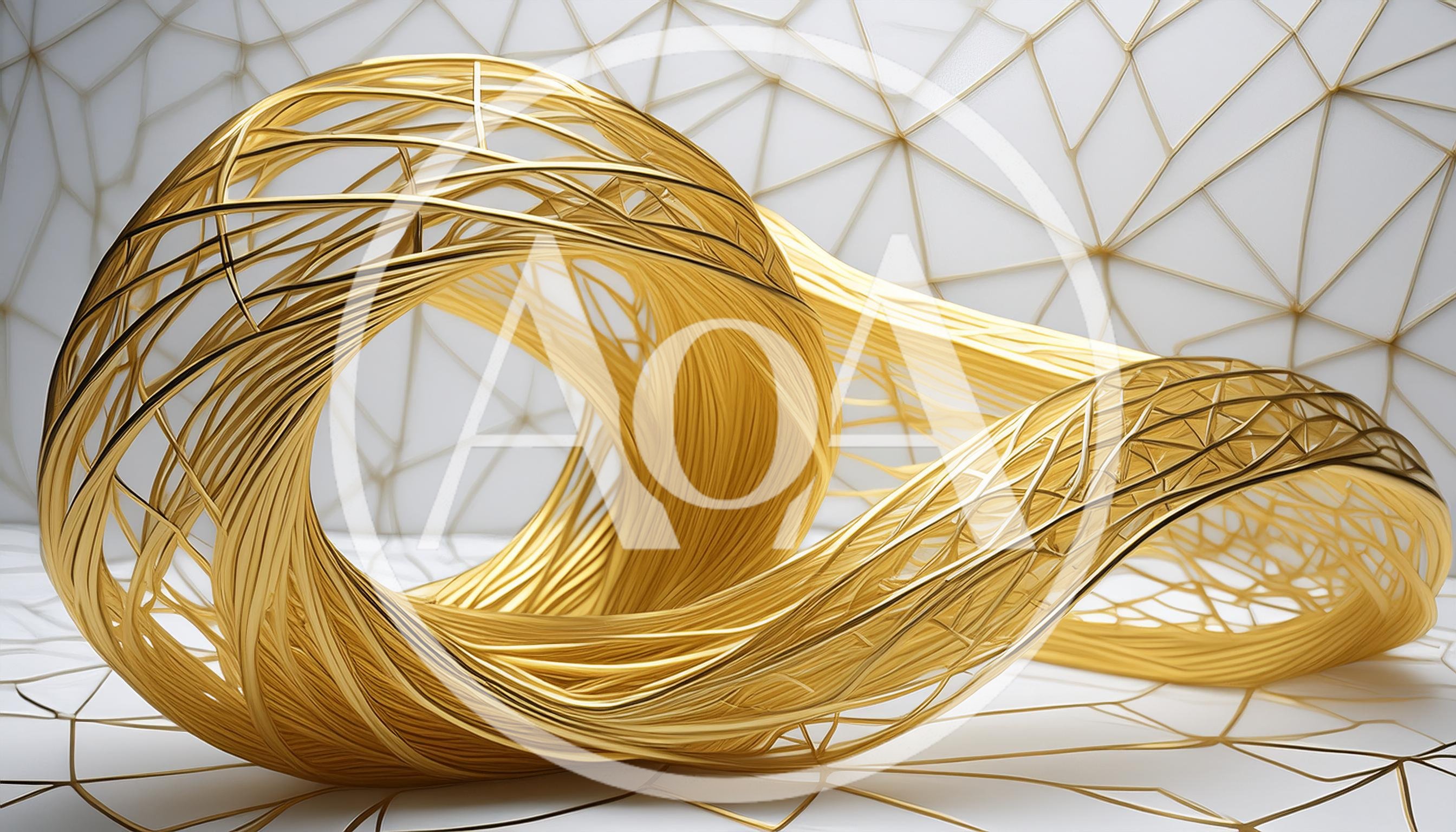 Abstract Golden Wire Sculpture on Geometric Background