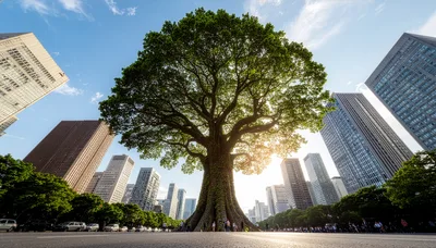 Giant Ancient Tree Standing Amidst Modern City Skyscrapers