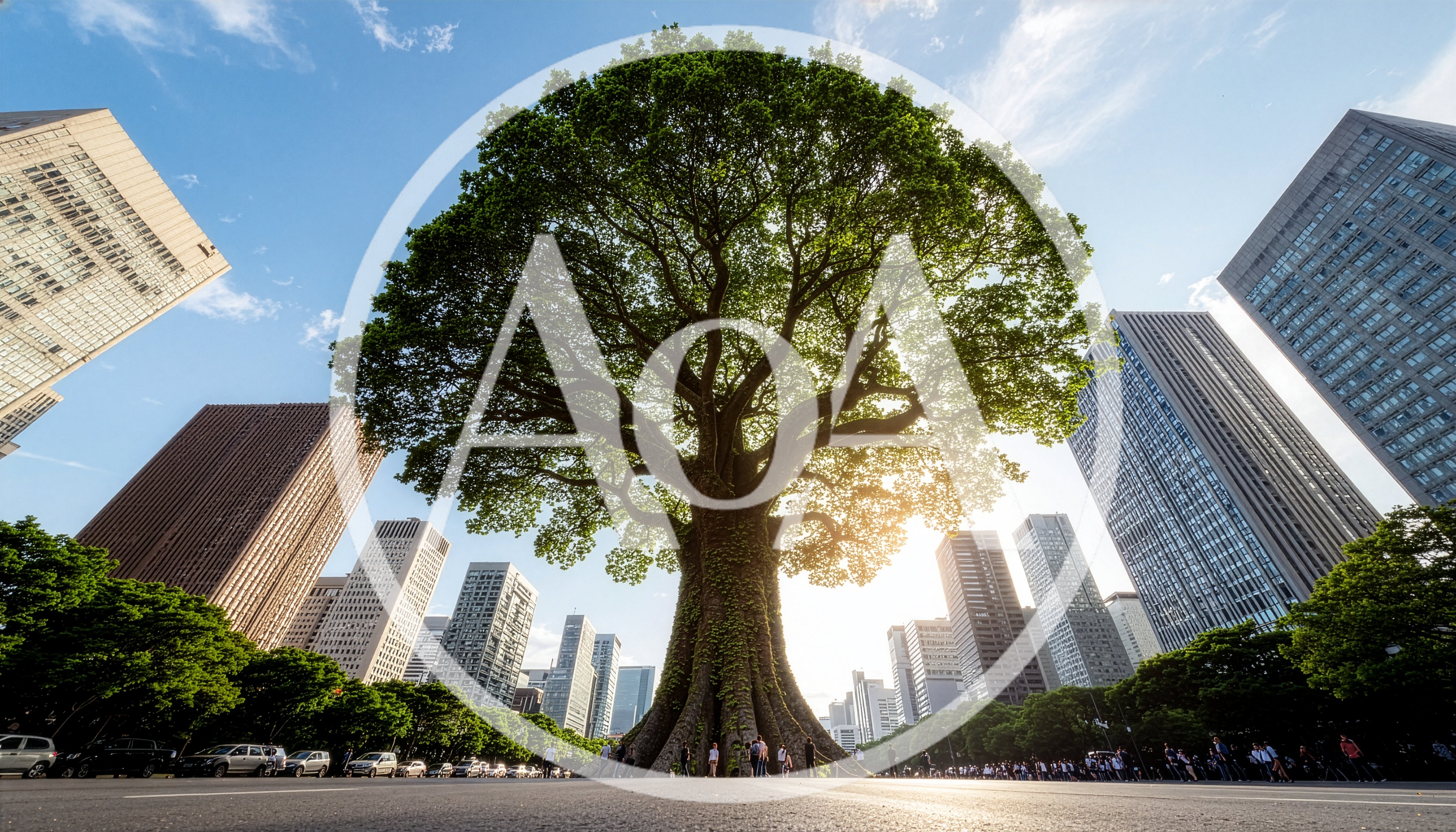 Giant Ancient Tree Standing Amidst Modern City Skyscrapers