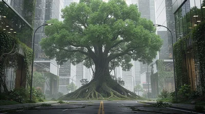 Giant Ancient Tree Growing In Modern City Street