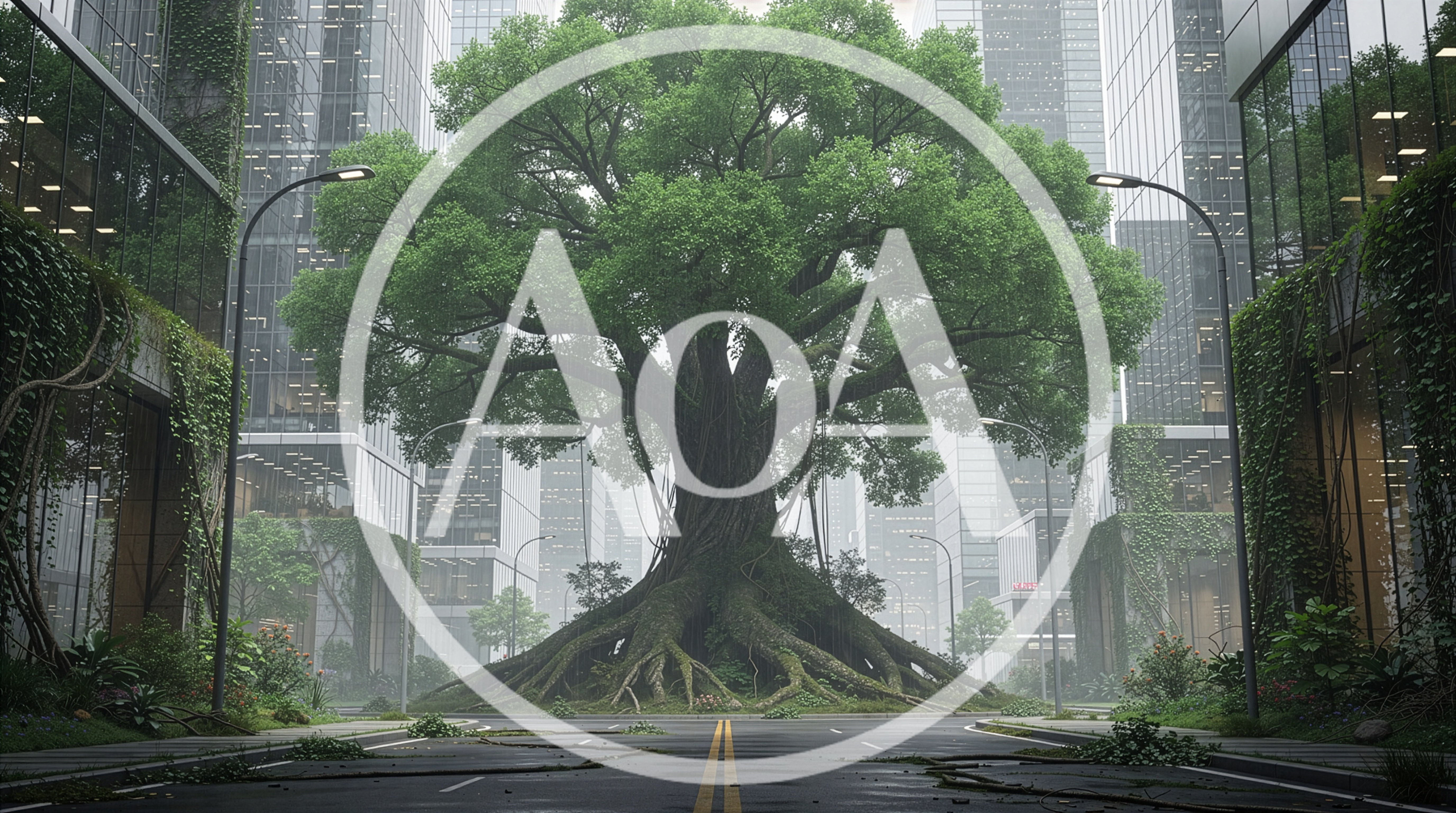 Giant Ancient Tree Growing In Modern City Street
