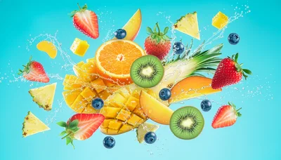Fresh Tropical Fruit Mix Exploding With Water Splashes