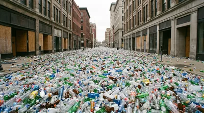 City Street Flooded With Discarded Plastic Bottles