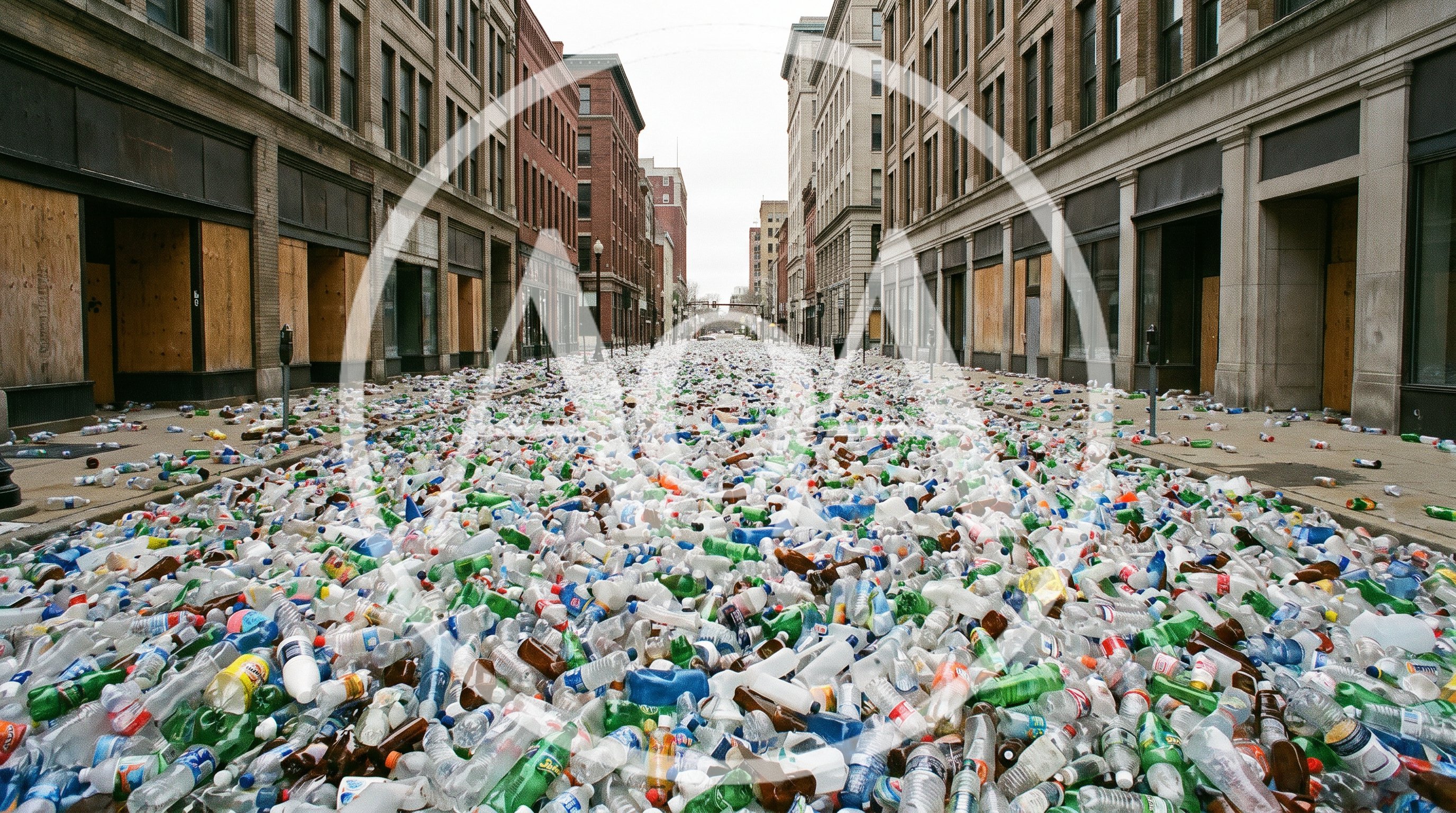 City Street Flooded With Discarded Plastic Bottles