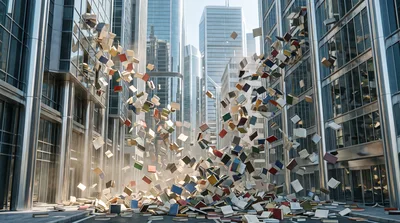 Books thrown from the windows of a modern building