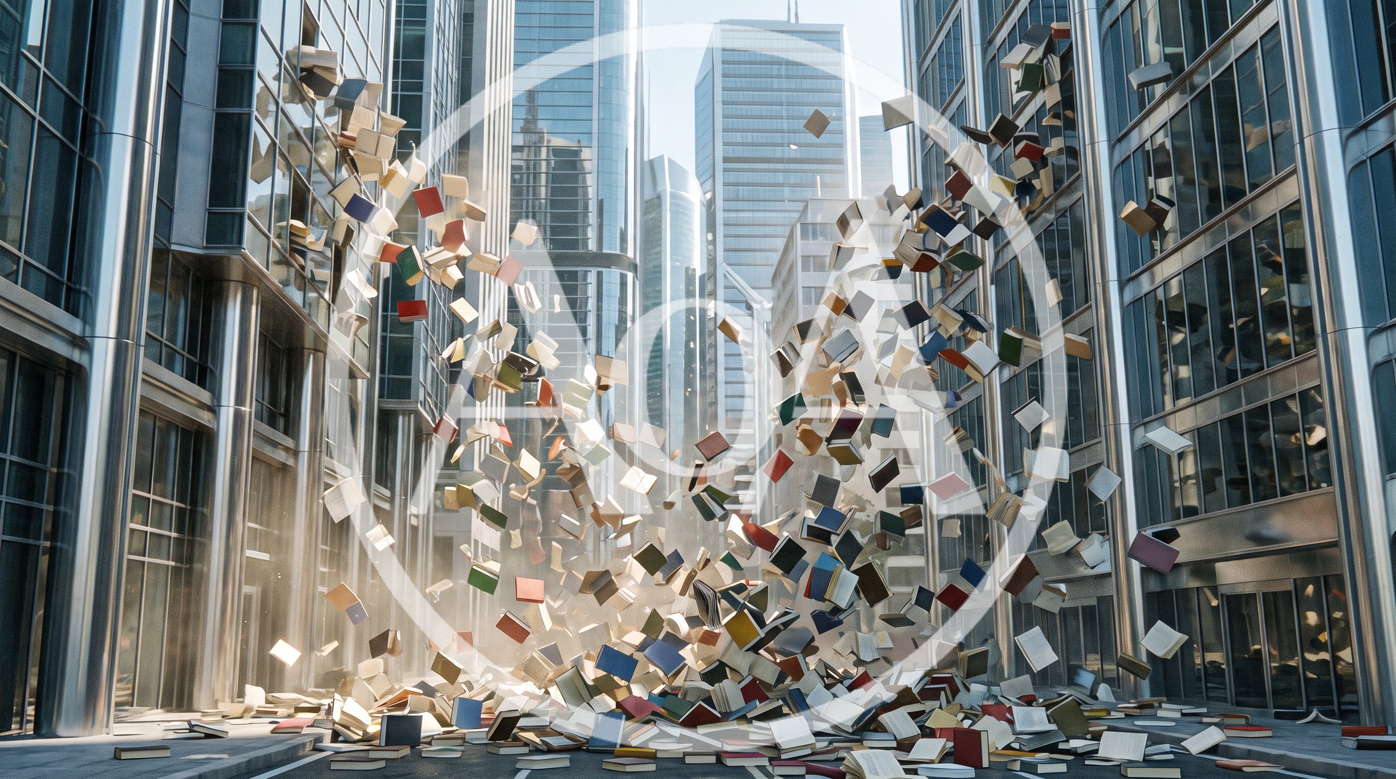 Books thrown from the windows of a modern building