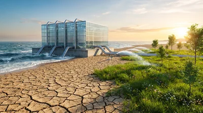 Seawater desalination plant on the shore of arid land