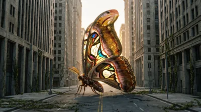 Giant Moth Standing In Abandoned City Street