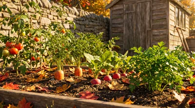 Vegetable Garden Bed With Tomatoes Carrots And Radishes