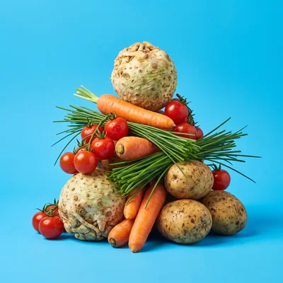 Fresh Vegetables Stacked on a Bright Blue Background