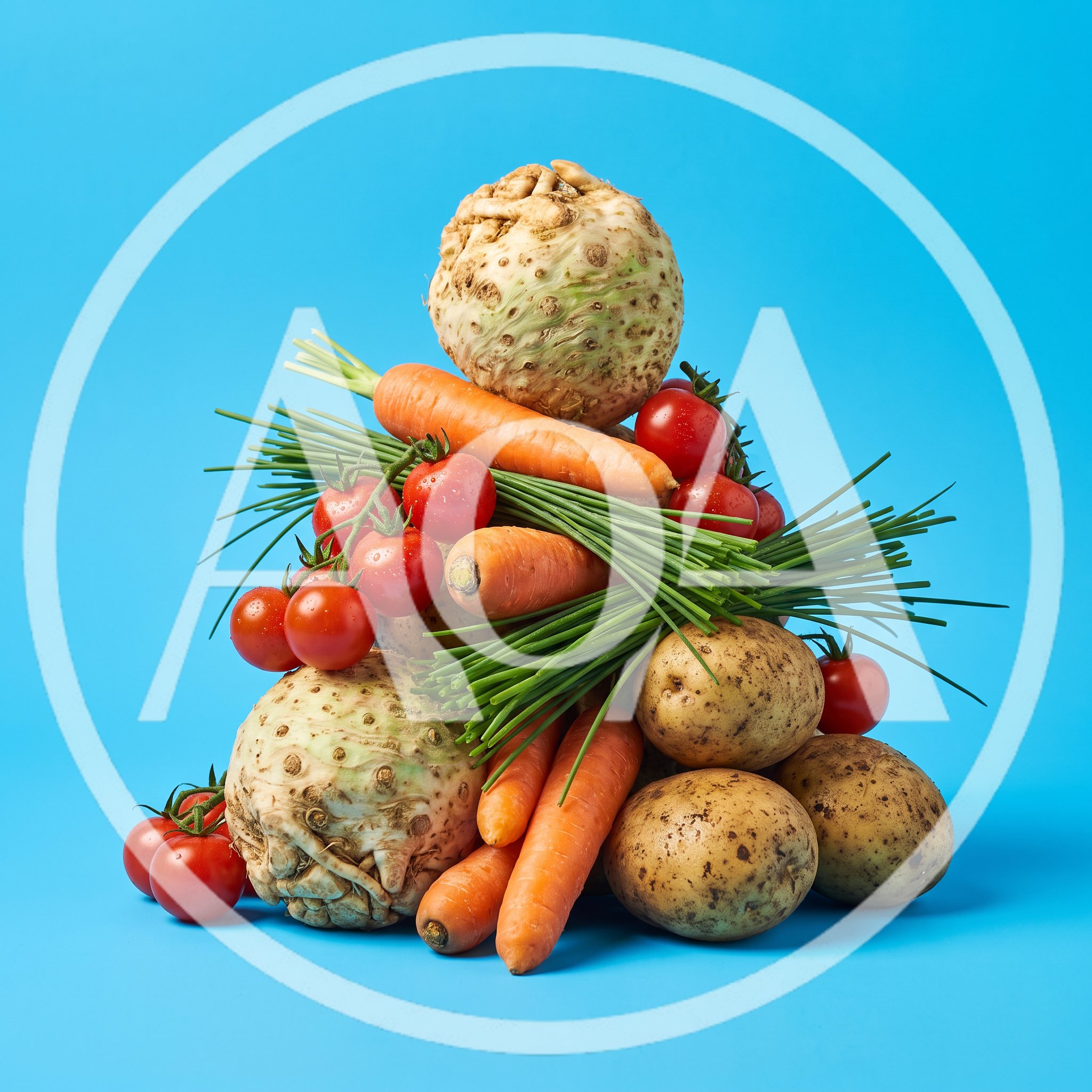 Fresh Vegetables Stacked on a Bright Blue Background