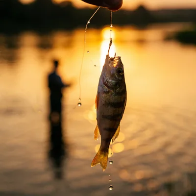 Small Perch Caught On Fishing Hook At Sunset