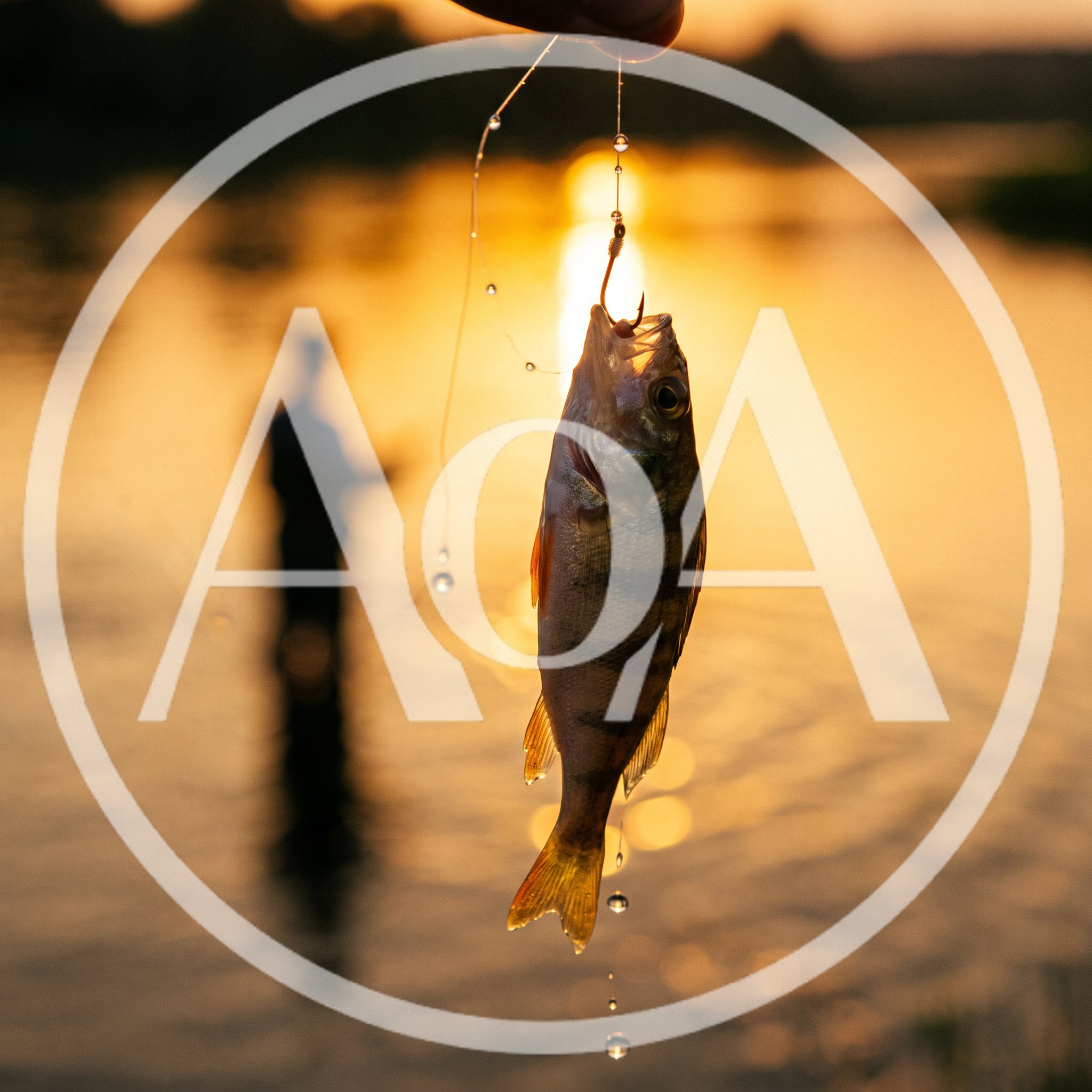 Small Perch Caught On Fishing Hook At Sunset