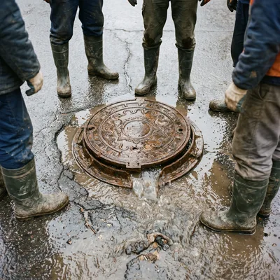 Utility Workers Standing Around A Flooded Manhole Cover