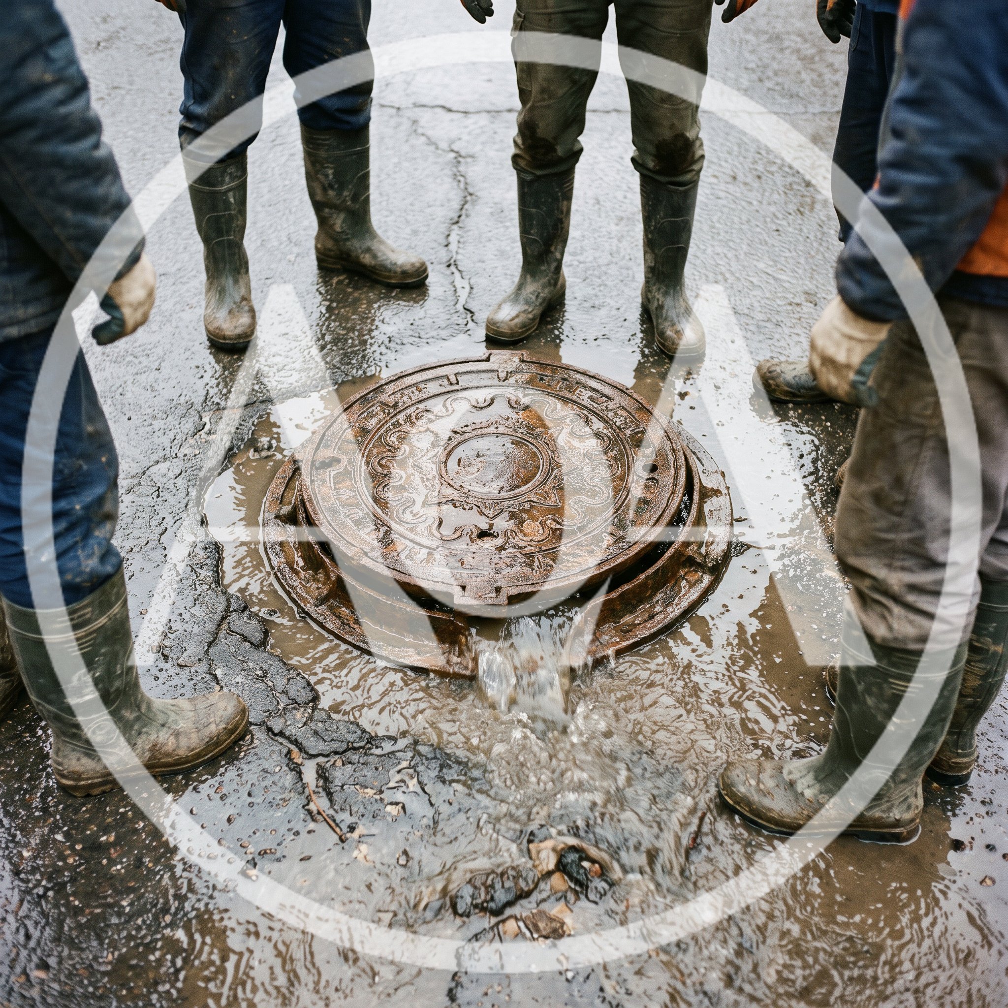 Utility Workers Standing Around A Flooded Manhole Cover