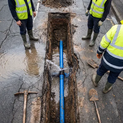 Utility Workers Repairing Leaking Water Pipe In Trench