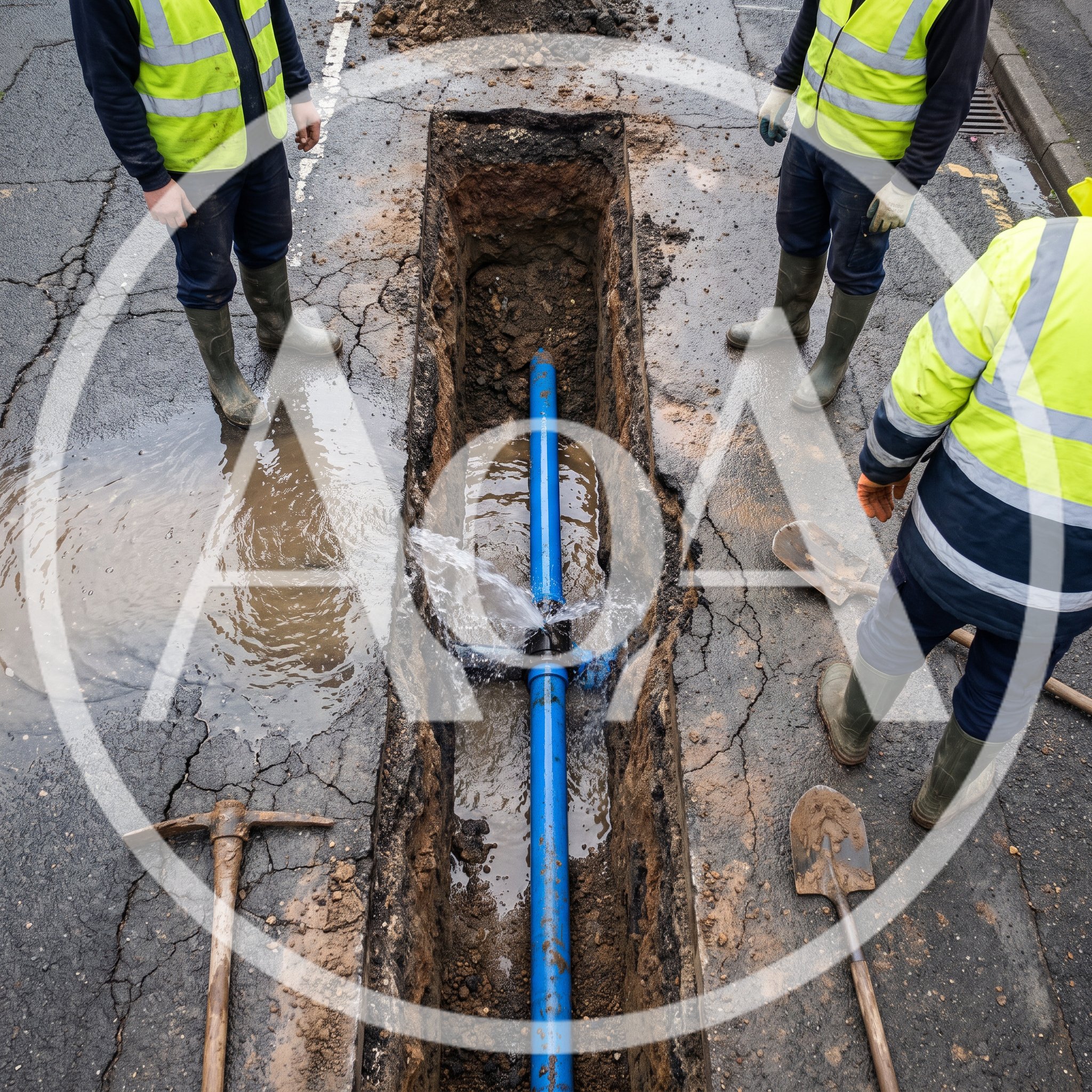Utility Workers Repairing Leaking Water Pipe In Trench