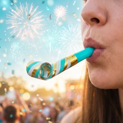 Woman Blowing Party Horn at New Year Celebration