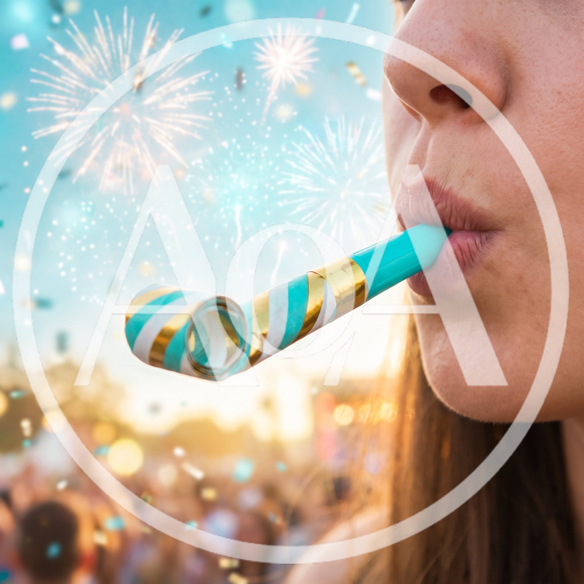 Woman Blowing Party Horn at New Year Celebration