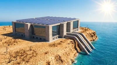 Powerful seawater-cooled data center with solar panels