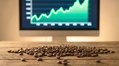 Coffee Beans Scattered On Wooden Desk With Stock Market Chart
