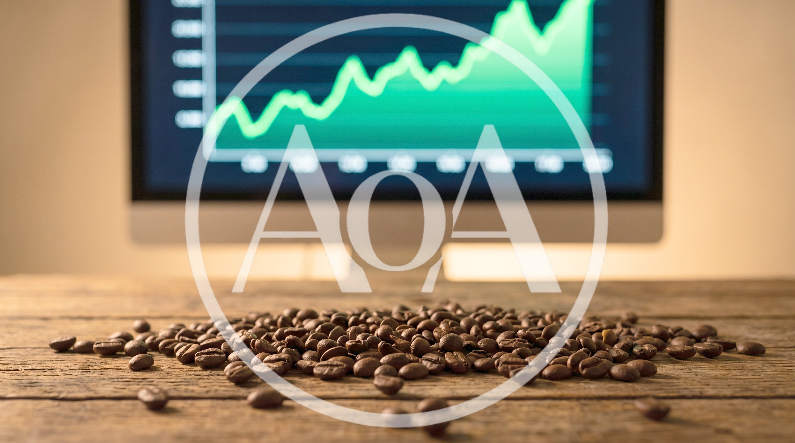 Coffee Beans Scattered On Wooden Desk With Stock Market Chart