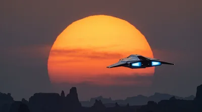 Futuristic Spaceship Flying Over Desert Landscape At Sunset
