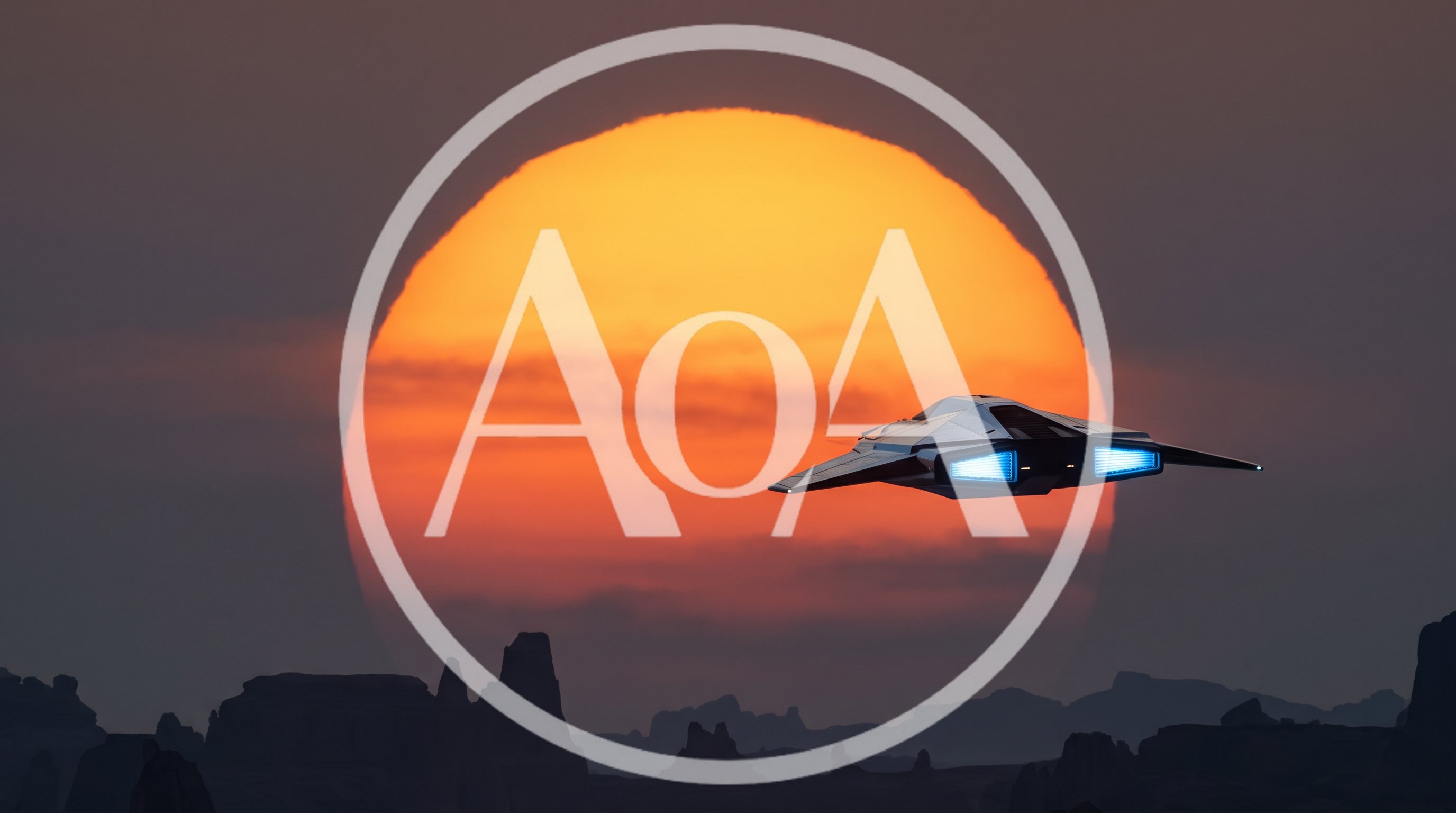 Futuristic Spaceship Flying Over Desert Landscape At Sunset