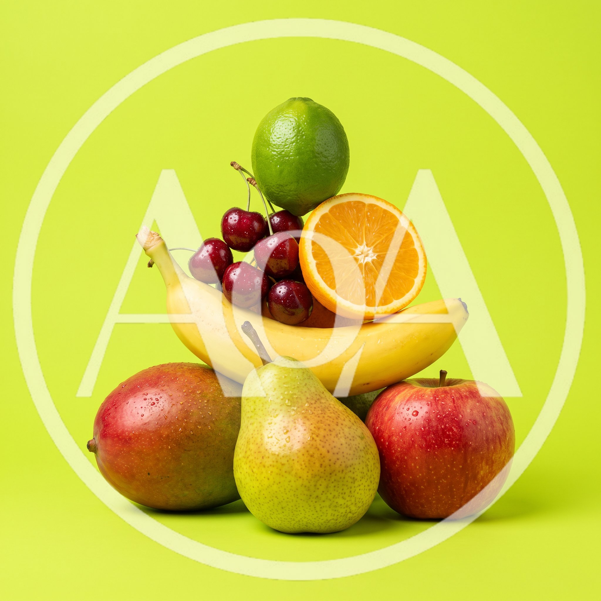 Assorted Fresh Fruits Stacked on Lime Green Background