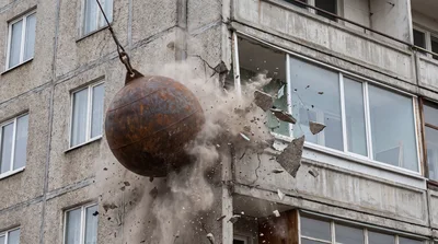 Wrecking Ball Demolishing A Concrete Apartment Building