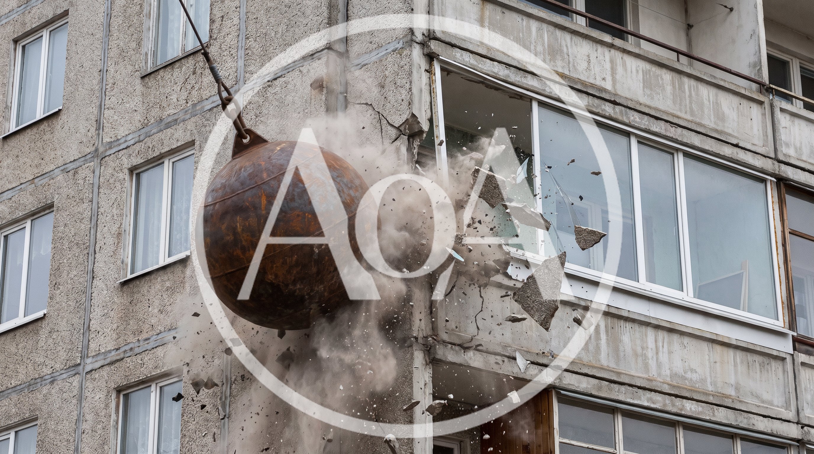 Wrecking Ball Demolishing A Concrete Apartment Building