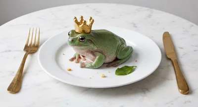 A fairy-tale frog with a golden crown on its head ate the host's dinner