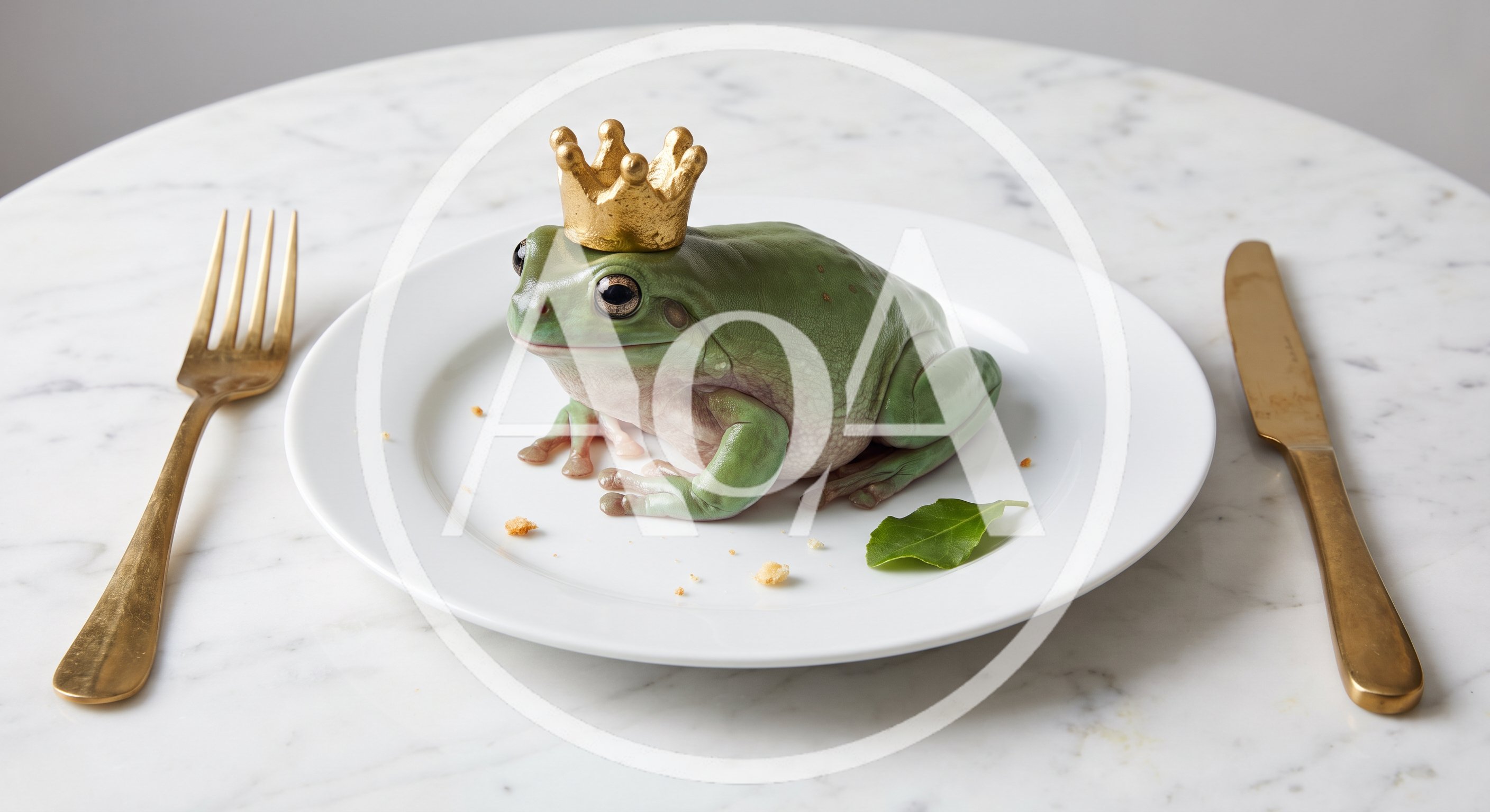 A fairy-tale frog with a golden crown on its head ate the host's dinner