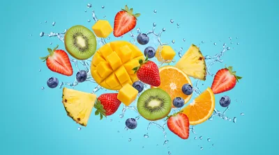 Fresh Tropical Fruit Mix Splashing In Water