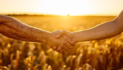 Close Up Of Two Men Shaking Hands In Wheat Field