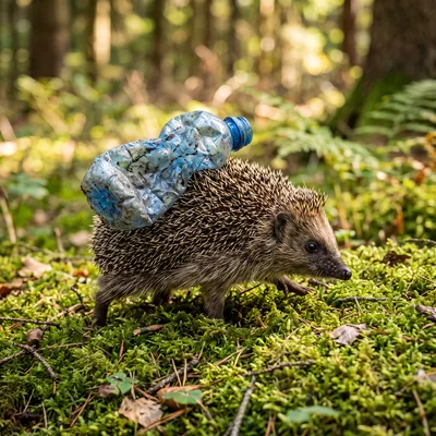 A hedgehog is walking on moss in the forest and a discarded, crumpled PET bottle gets caught in its thorns