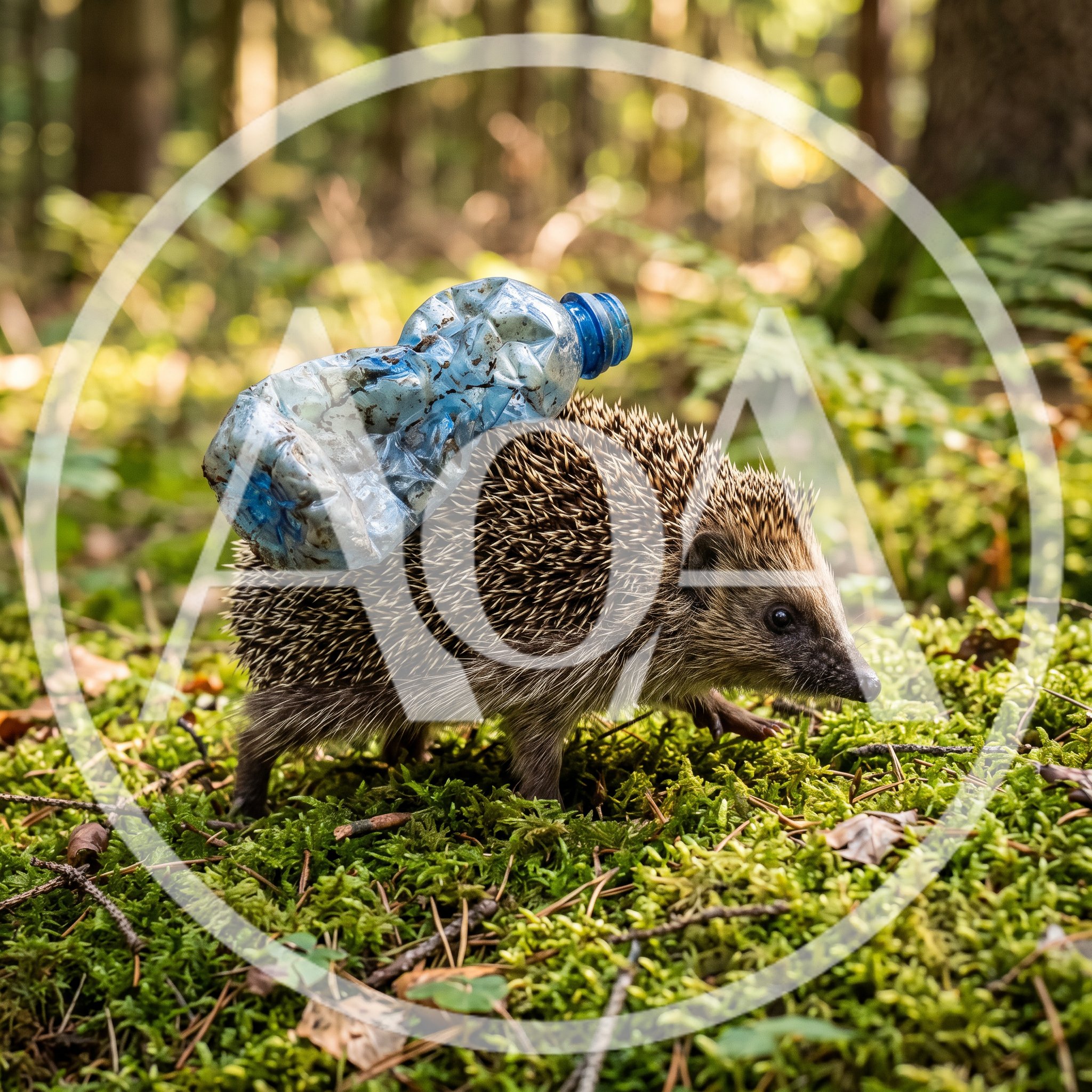 A hedgehog is walking on moss in the forest and a discarded, crumpled PET bottle gets caught in its thorns