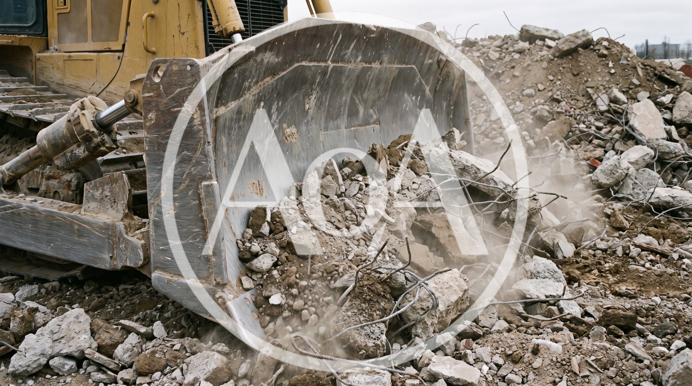 Bulldozer Pushing Concrete Rubble At Construction Site