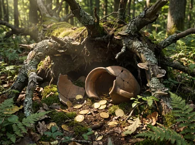An old ceramic pot with treasure gold coins was discovered in the forest in the roots of an uprooted oak tree