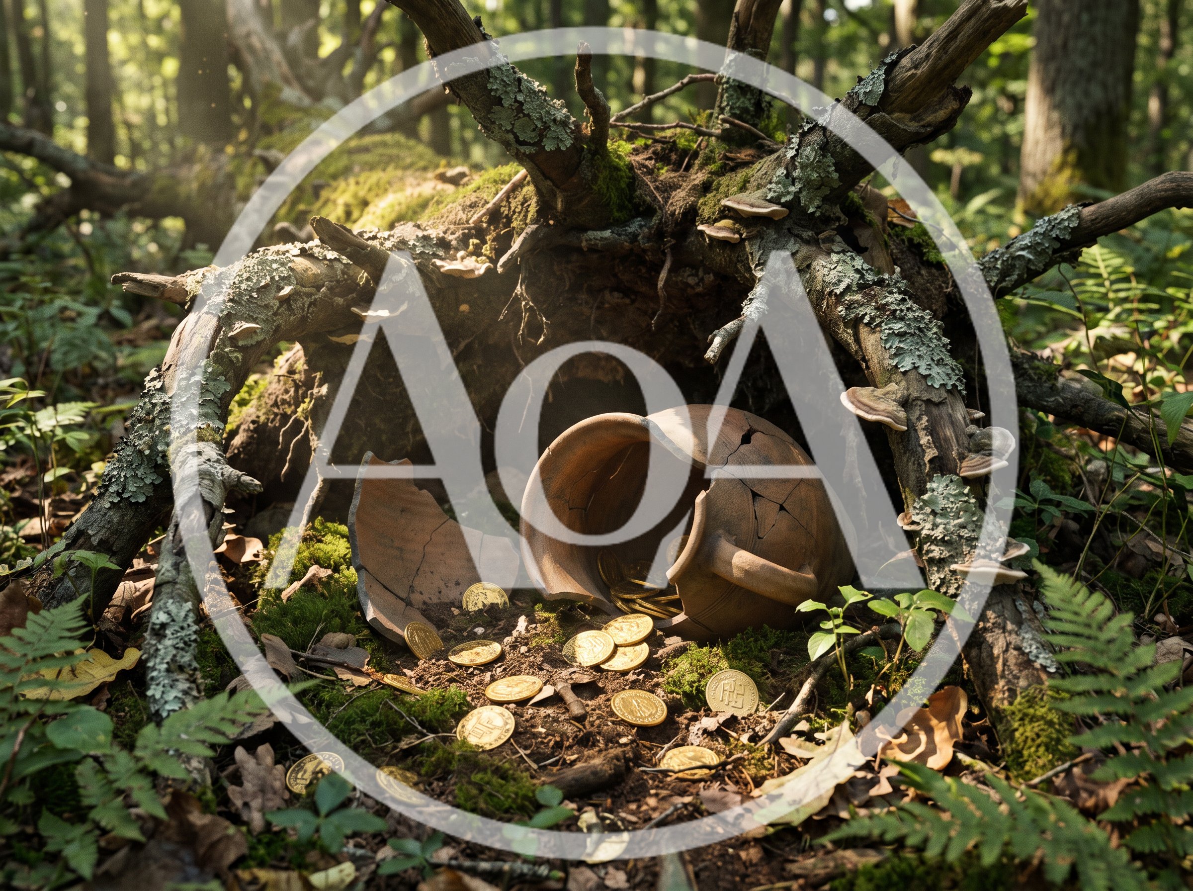 An old ceramic pot with treasure gold coins was discovered in the forest in the roots of an uprooted oak tree