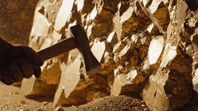 Miner Striking Gold Ore With A Hammer